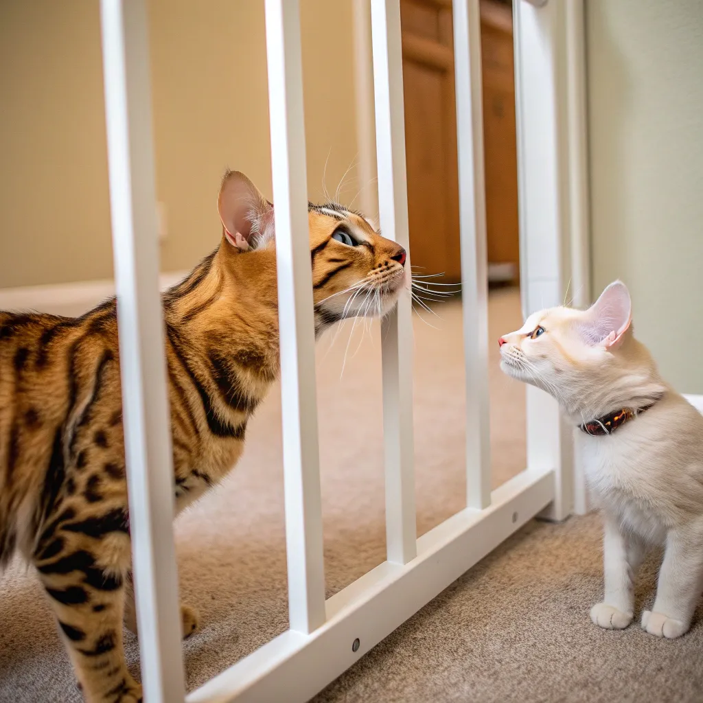Bengal cat meeting another pet during introduction