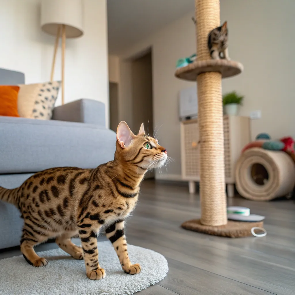 A Bengal cat exploring a new living room with familiar toys nearby.