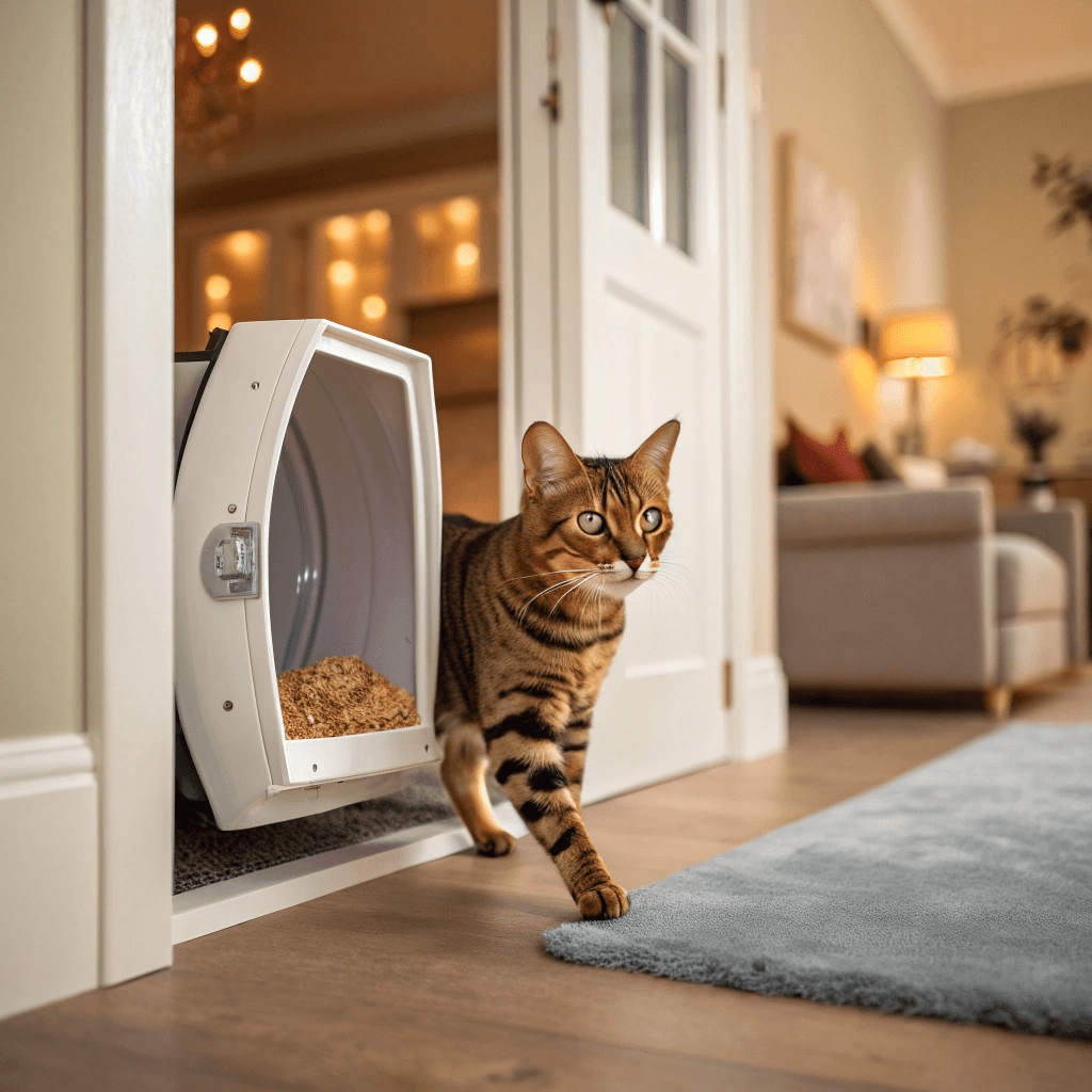 Bengal cat using a cat door during training with a treat reward.