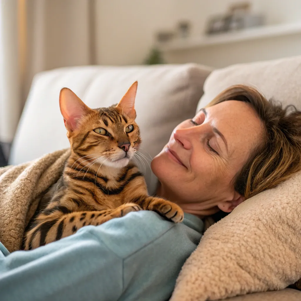 Bengal cat cuddling affectionately with its owner on a couch.