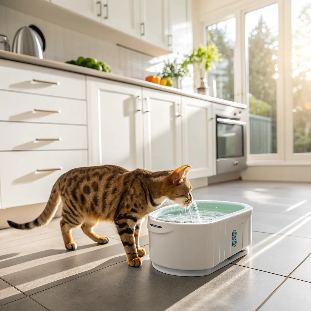 Bengal cat drinking from water fountain to support hydration and reduce vomiting.