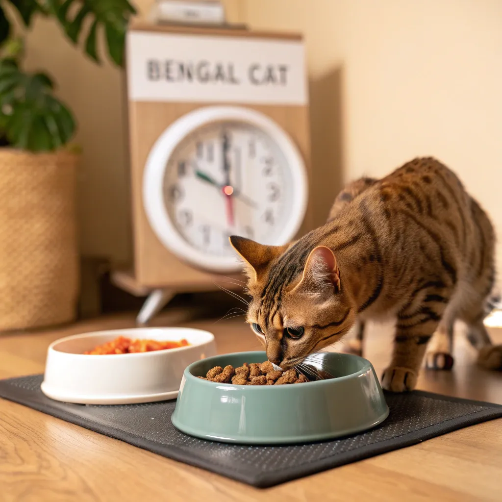 A Bengal Cat eating from a bowl at a consistent feeding station, with a clock in the background showing a regular feeding time.