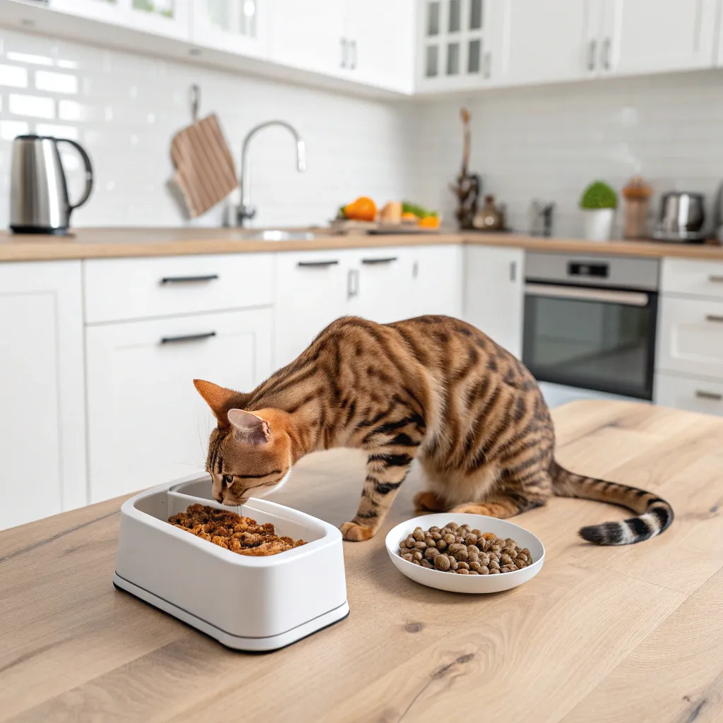  A Bengal cat enjoying a meal from a food bowl in a tidy kitchen