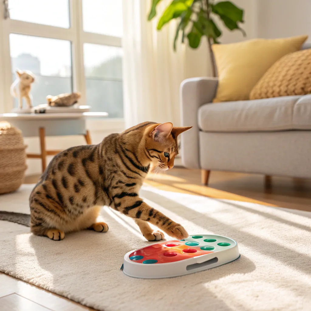 Intelligent Bengal cat solving a puzzle toy in a living room.