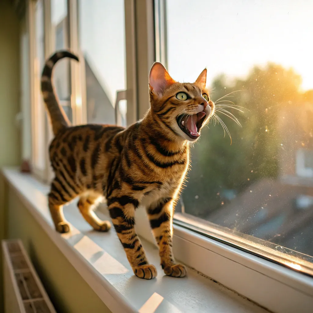 Vocal Bengal cat meowing on a sunny windowsill.
