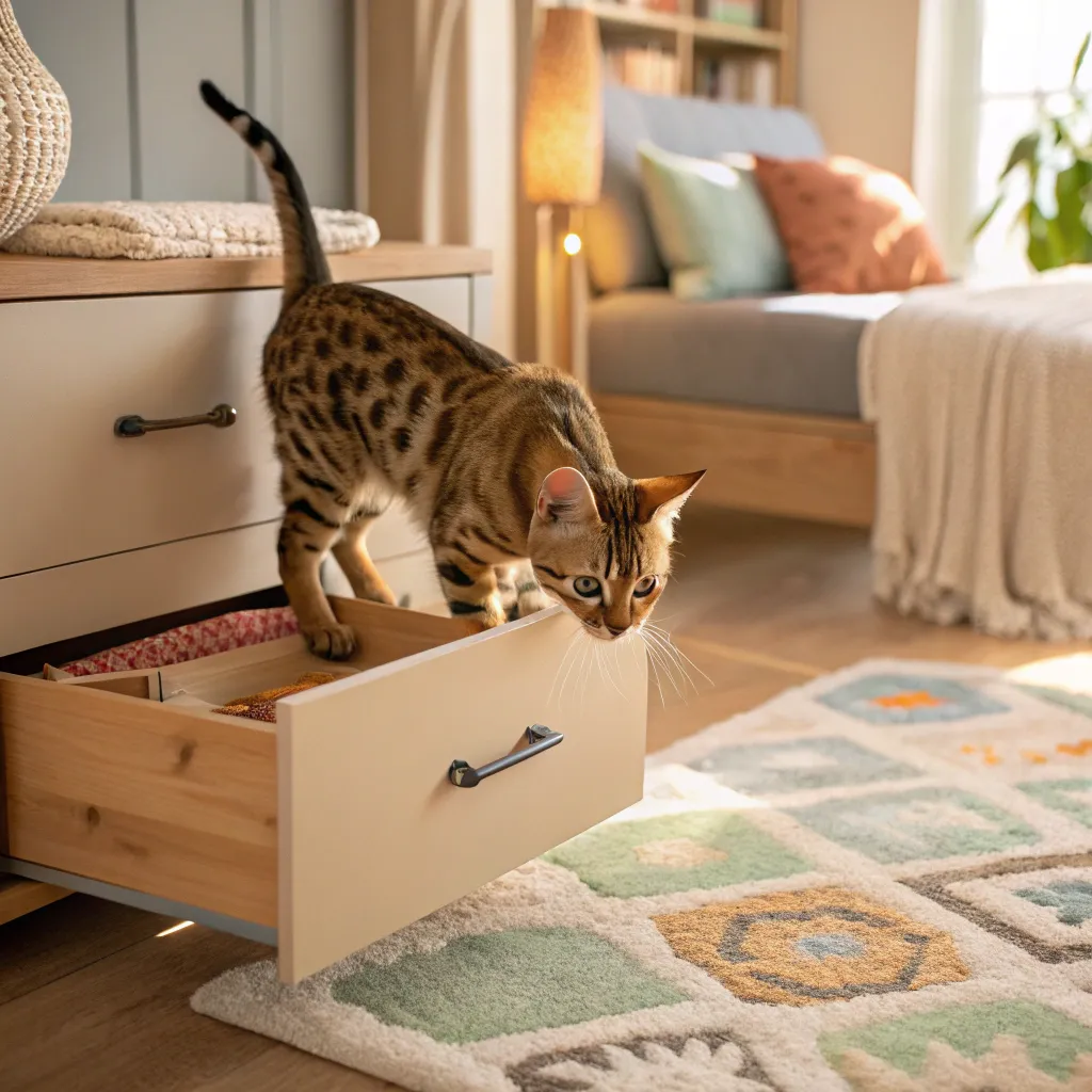 Curious Bengal cat exploring an open drawer in a home.