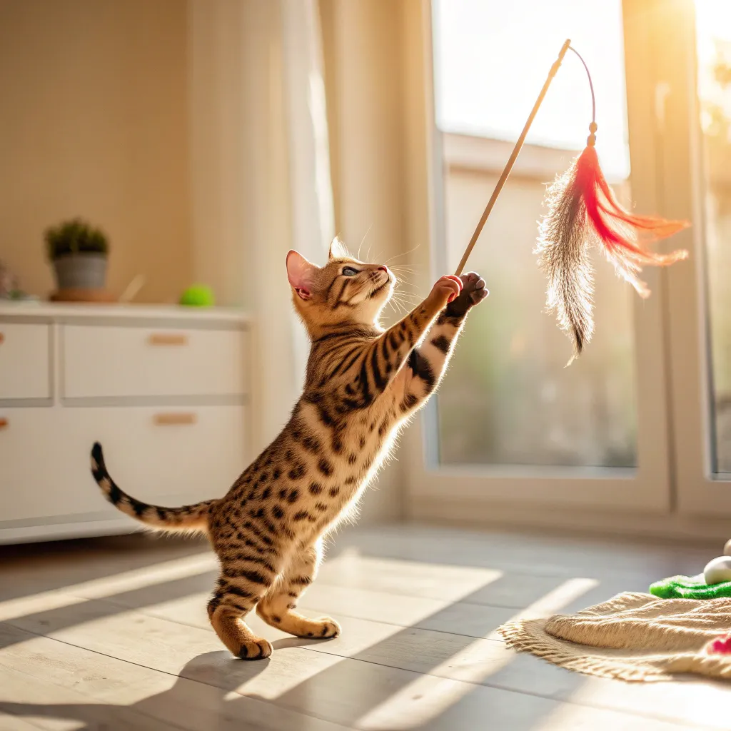  A Bengal cat playfully chasing a feather wand toy in a sunlit room. Alt Text: A Bengal cat energetically playing with a feather wand toy