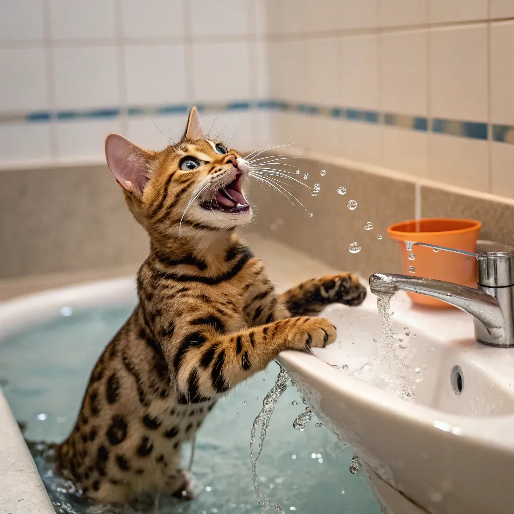 Bengal cat splashing water in a sink with a playful look.