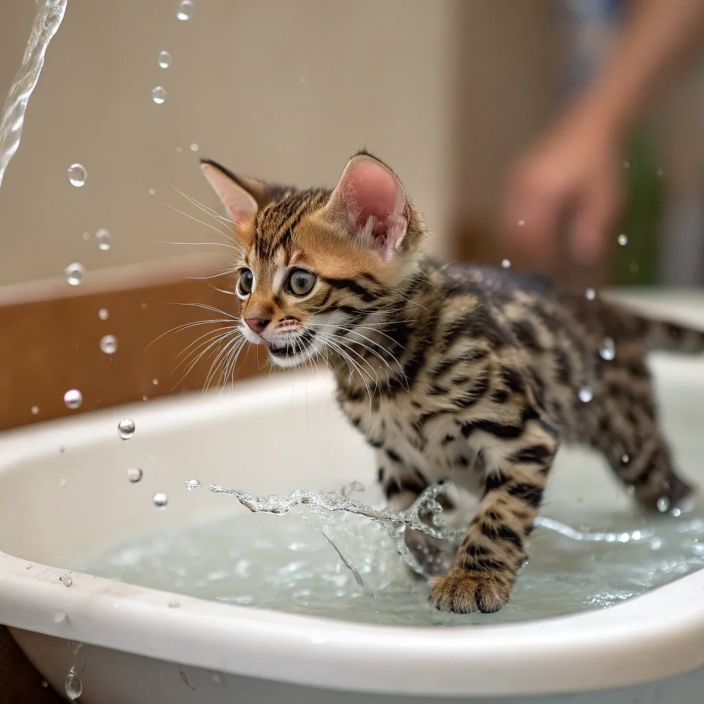 Bengal kitten splashing in water, highlighting its water-resistant fur