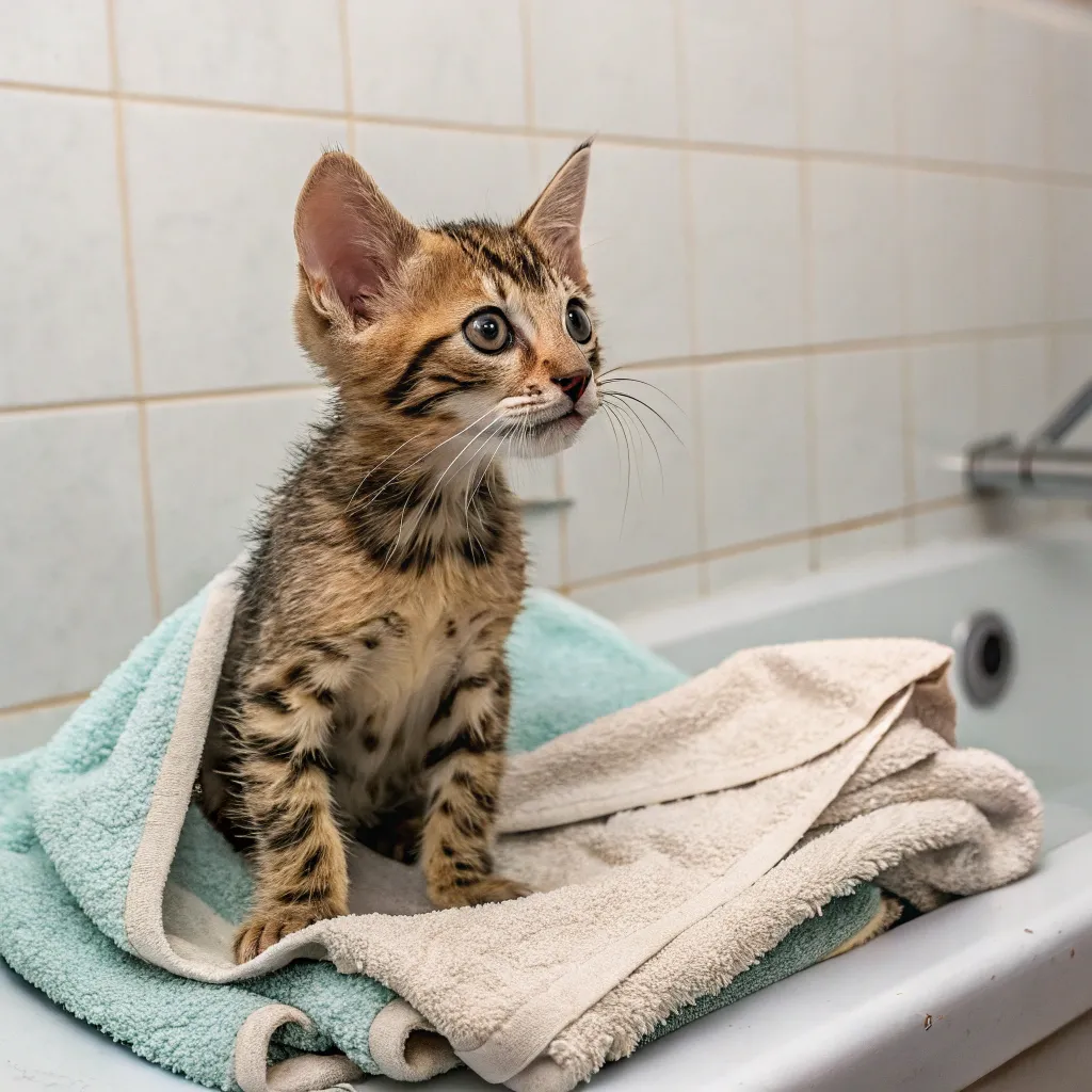 A Bengal kitten with slightly dirty fur sitting on a towel, ready for a bath.