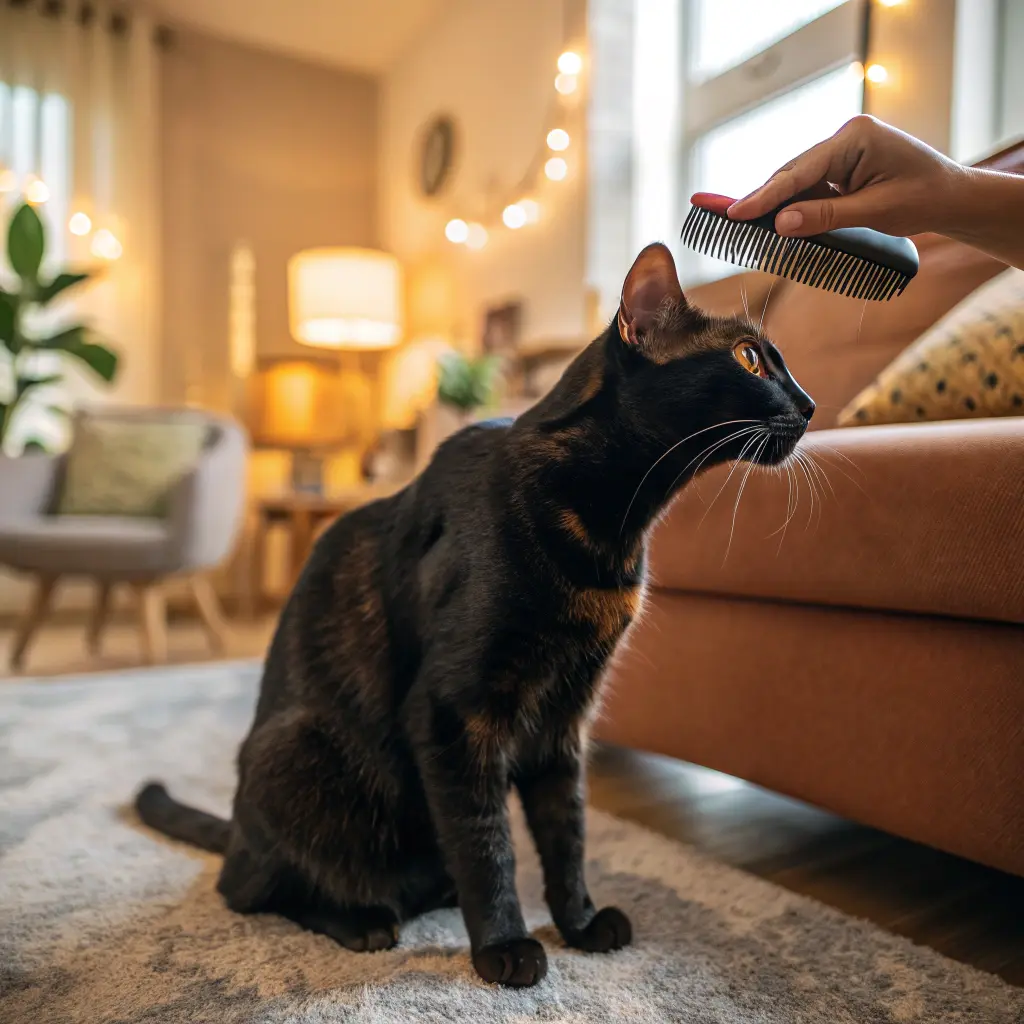 A black cat being brushed, with loose fur and slight brown patches visible, in a cozy living room setting.