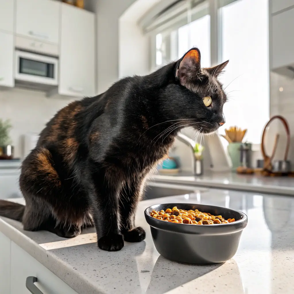 Black cat eating nutritious food with a shiny coat and brown patches.