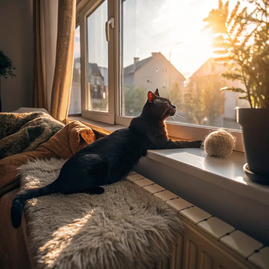 a black cat lounging on a sunny windowsill with v