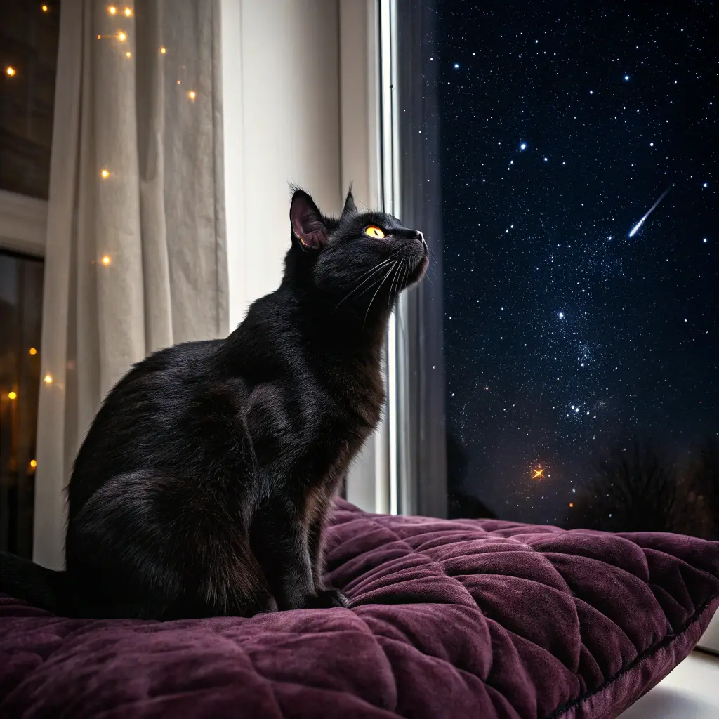 A black male cat with glowing eyes sits on a velvet cushion, with a starry night sky visible through a window.