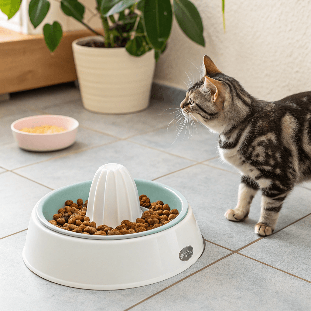 a bowl of hairball control cat food next to a wate
