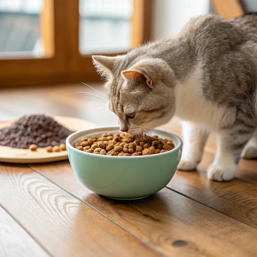 Munchkin cat eating hypoallergenic food to manage allergies.