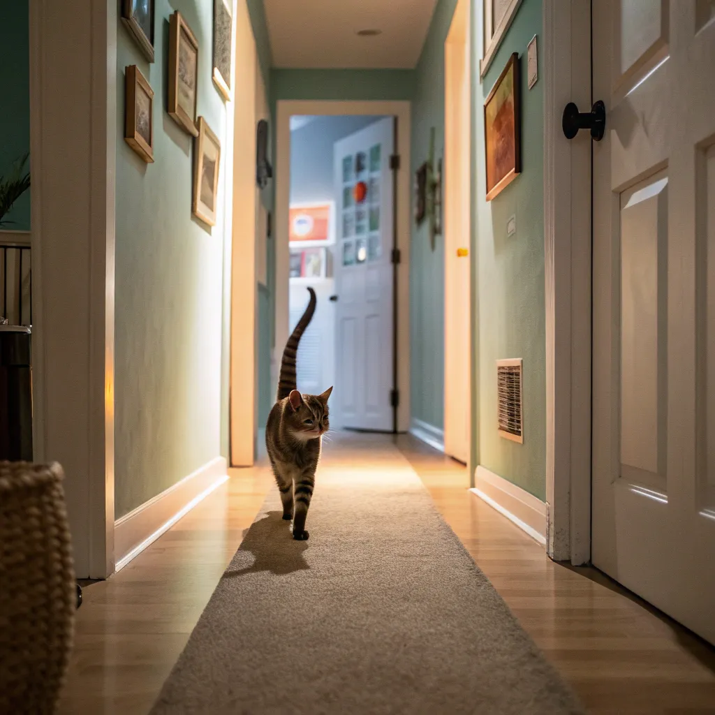 a cat following its owner down a hallway with the