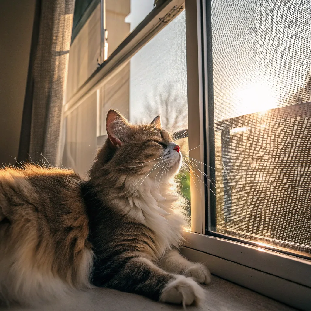 Cat resting safely behind a screened window in summer.