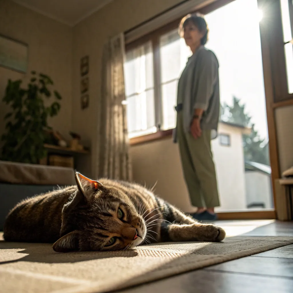  A cat lying down looking lethargic with a concerned owner nearby, in a home setting with natural lighting