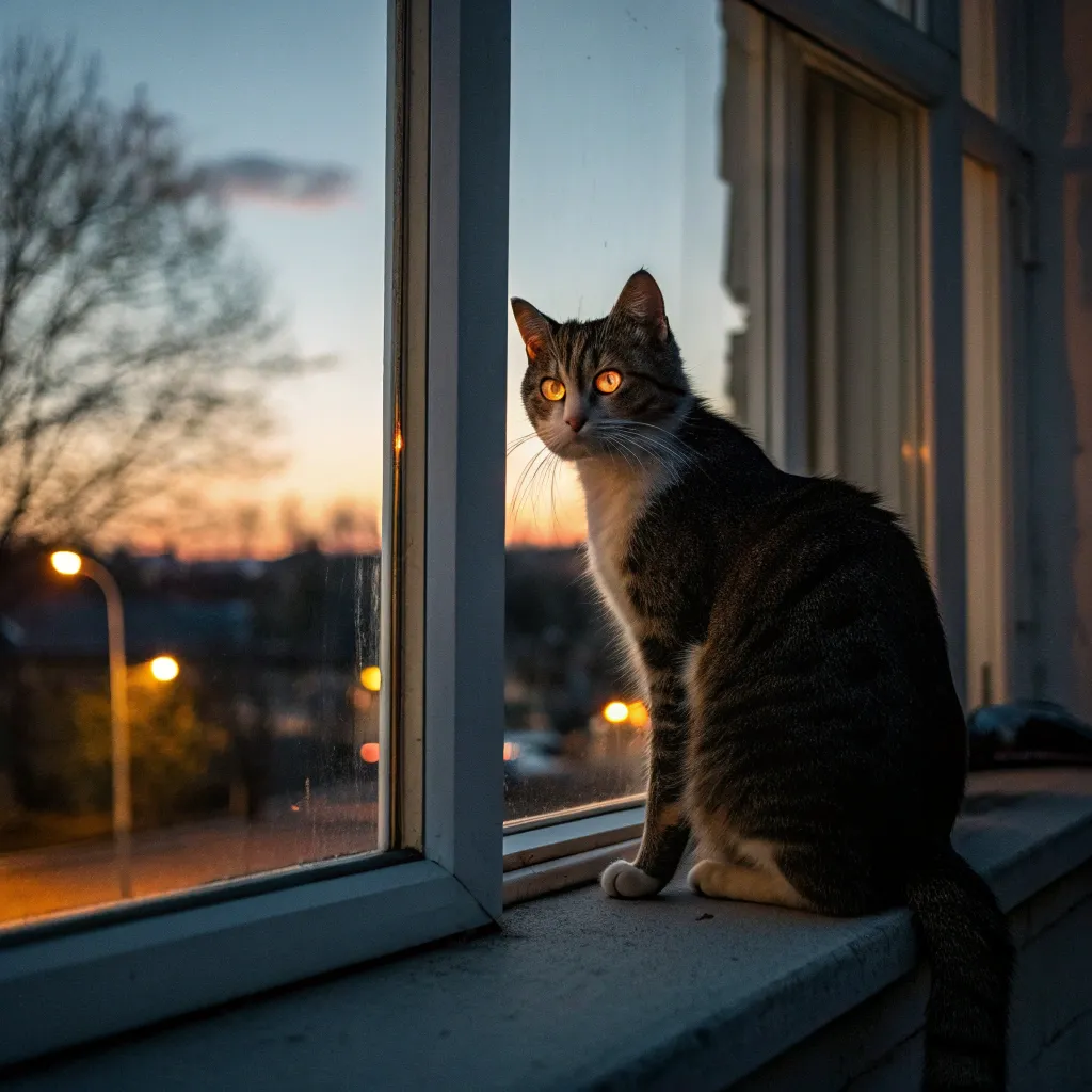 A cat on a windowsill at dusk, eyes glowing softly, highlighting cat vision.
