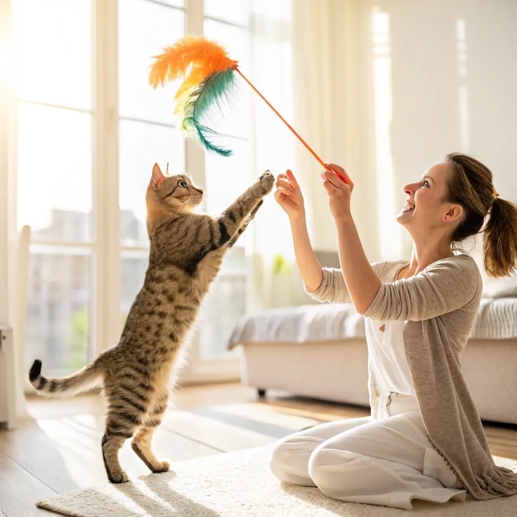 A cat playing with a feather toy held by a person in a bright room.