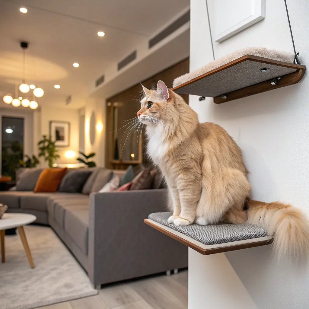 Norwegian Forest Cat on a wall-mounted shelf in a cat-proofed, stylish living room.