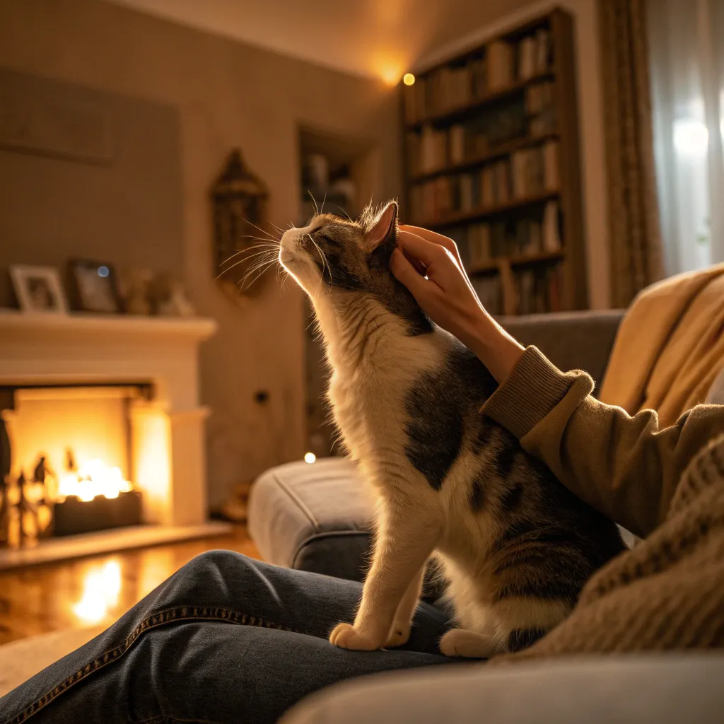 A cat rubbing its head against a person’s hand, with a warm, cozy indoor setting in the background.