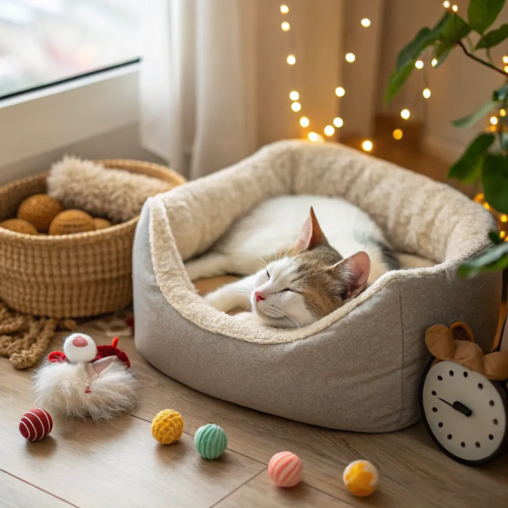 Cat sleeping comfortably in a clean pet bed with toys for enrichment nearby. 