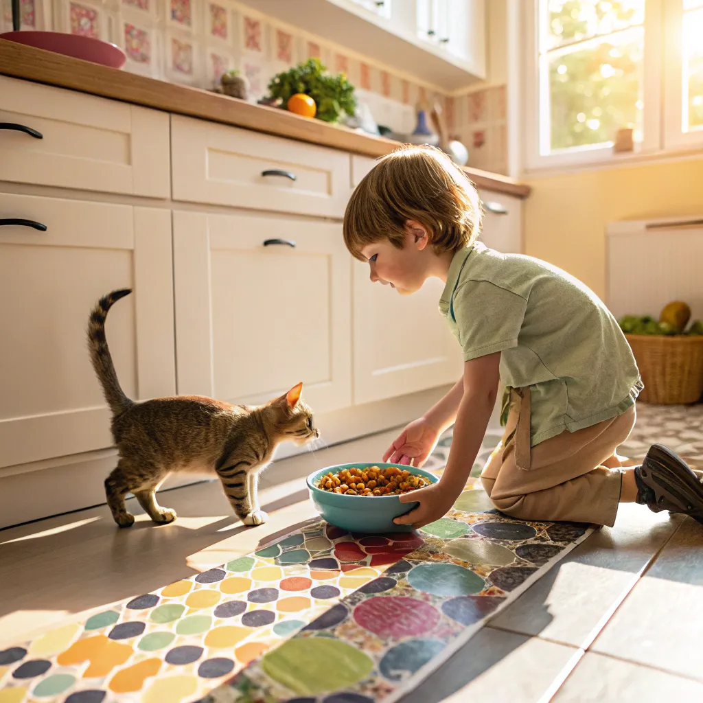 Child feeding a Munchkin Cat in a family kitchen