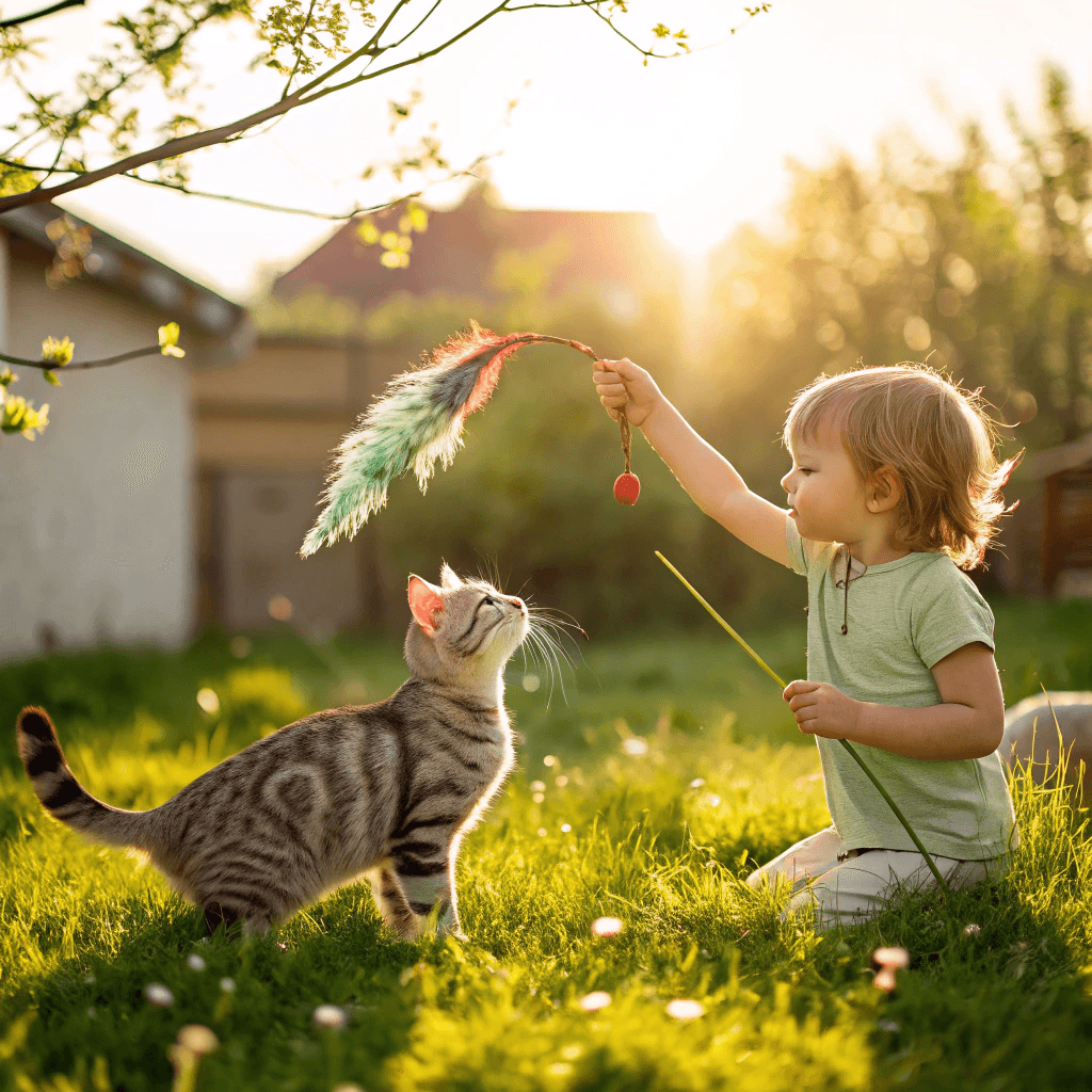 Child and American Shorthair cat playing with a feather toy in a sunny backyard.