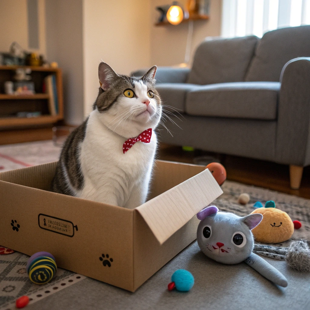 A chubby male cat with a bowtie sits in a cardboard box, next to a large toy mouse in a cozy living room.