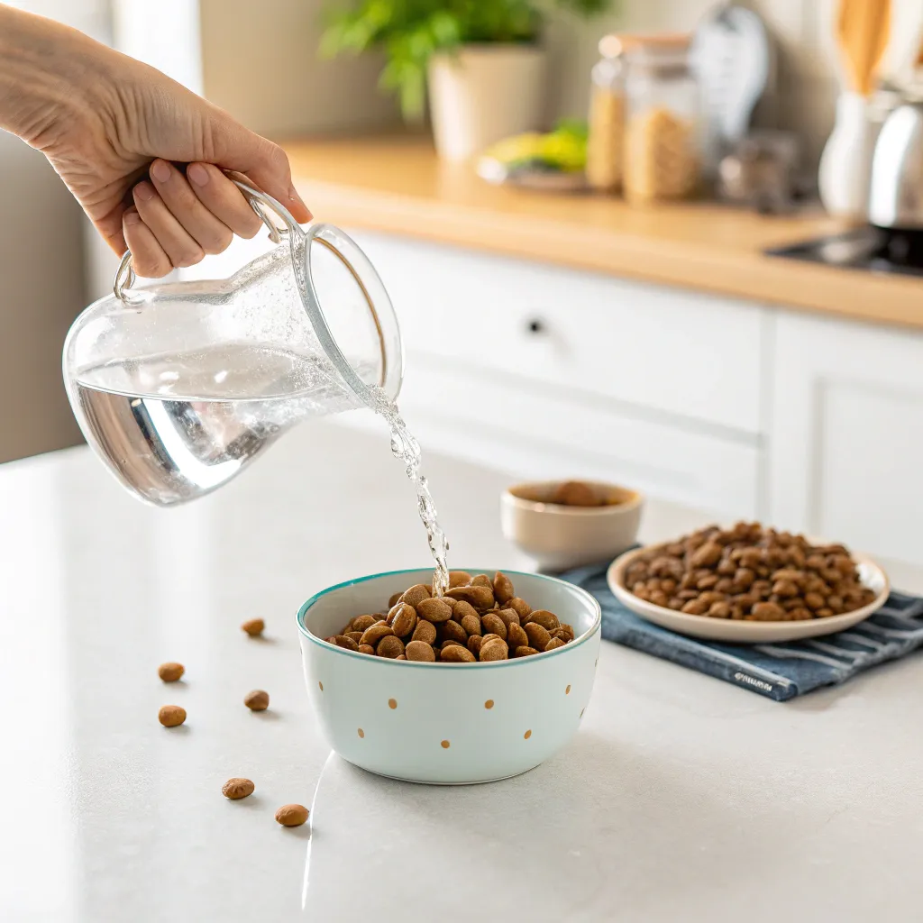 Hand pouring warm water into a bowl of dry cat kibble to soften it.