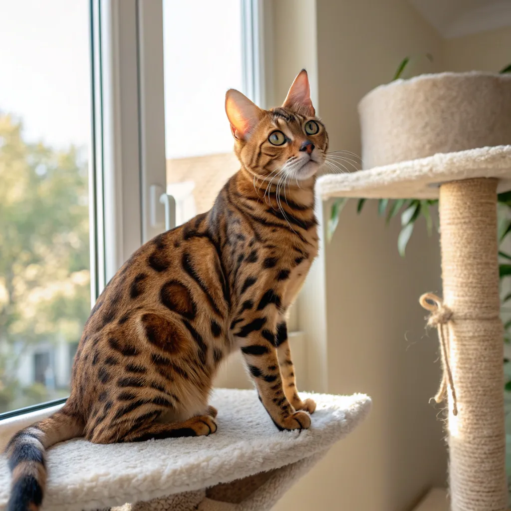 Bengal Cat with rosetted coat perched on a cat tree in a cozy home.