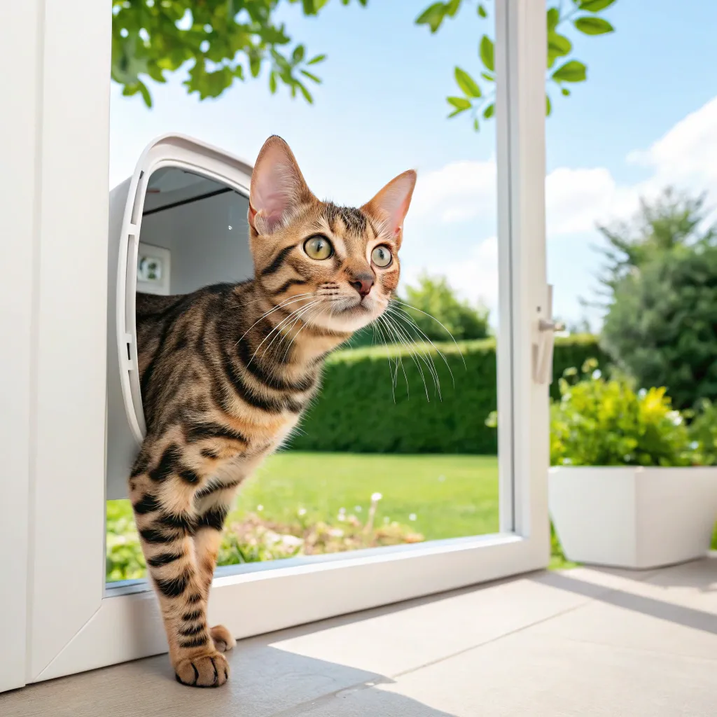  Bengal cat exploring a cat door during training.