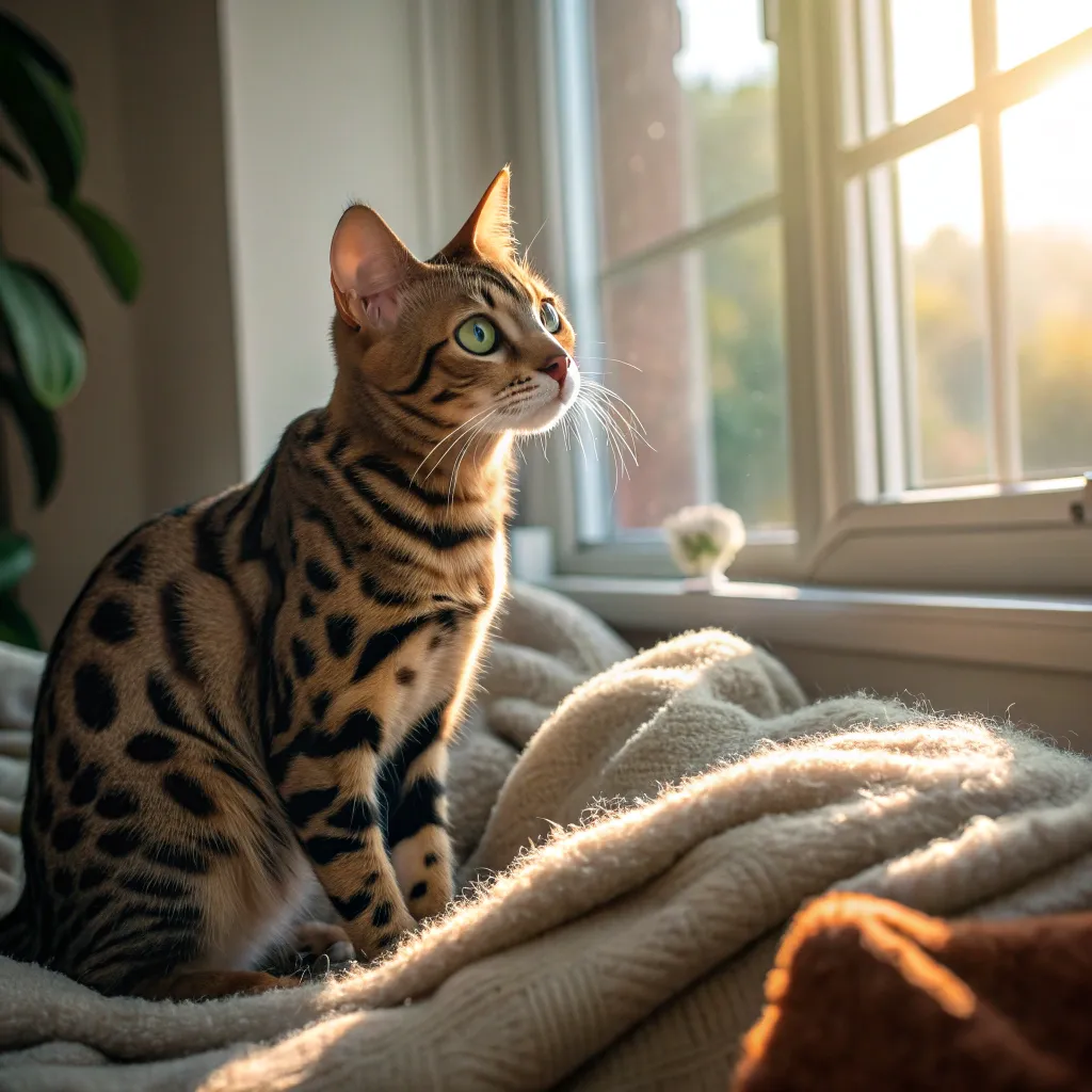  Bengal cat with shiny spotted coat resting comfortably.