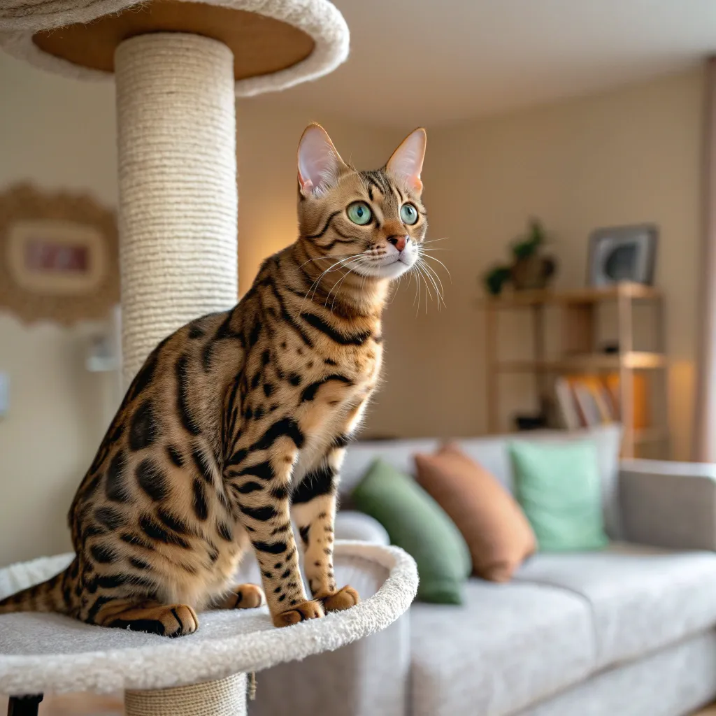 A close-up of a Bengal cat with its distinctive spotted coat, sitting alertly on a cat tree, with a cozy room in the background. Alt Text: A Bengal cat with a spotted coat perched on a cat tree in a cozy room