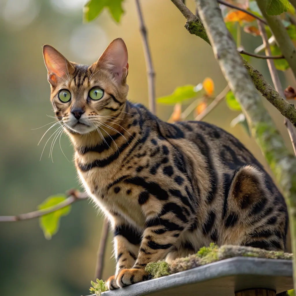 Bengal cat with spotted coat and green eyes perched attentively.
