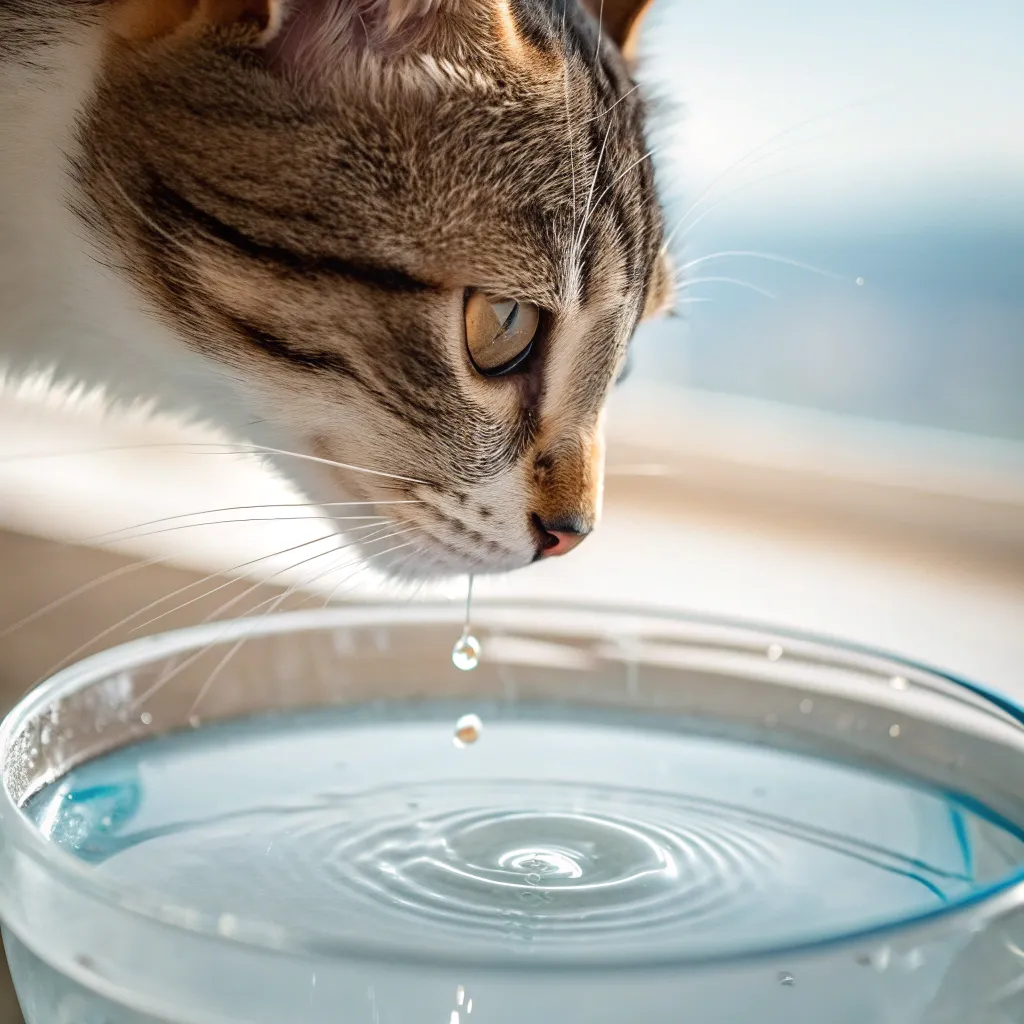 Cat drinking water to promote urinary health after catheter removal.