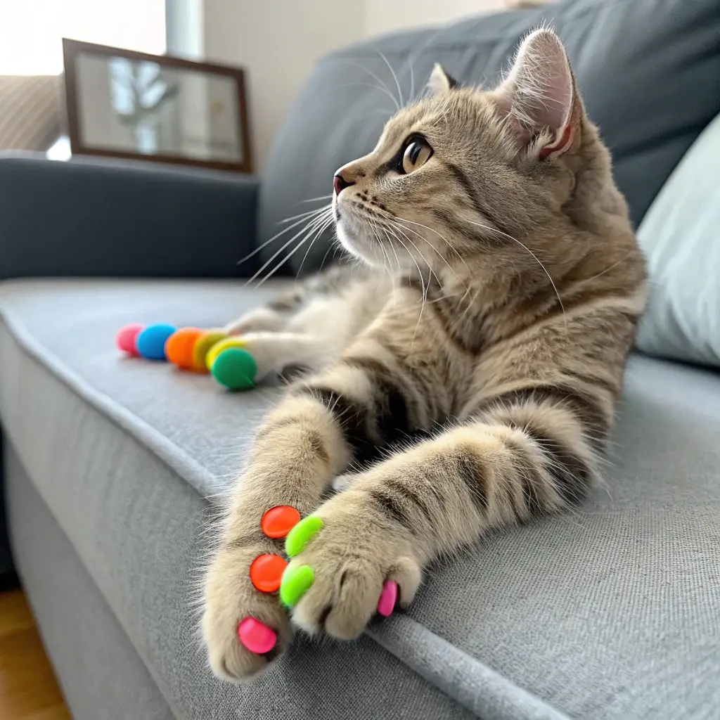 Cat’s paw with colorful claw covers, sitting on an unscratched couch.
