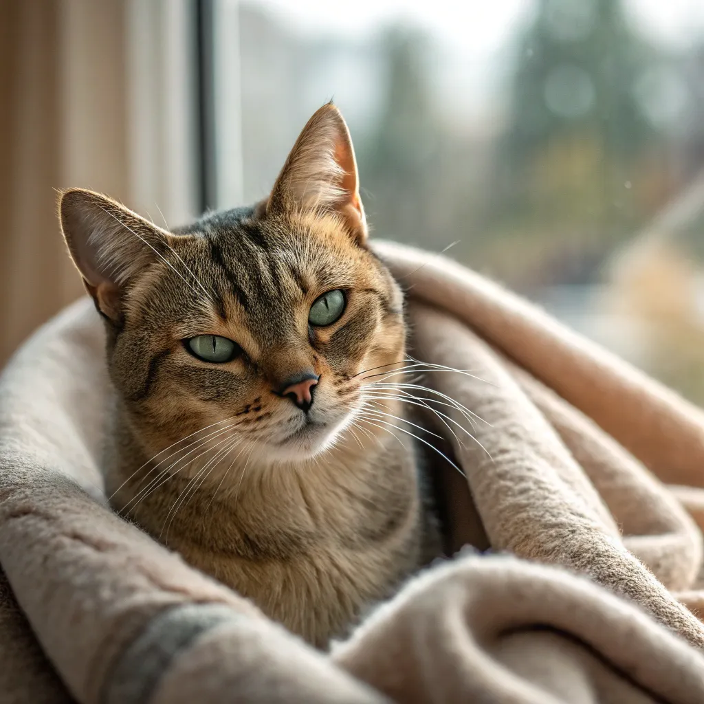 A close-up of a cat with expressive eyes slow-blinking at the camera, sitting on a cozy blanket with soft natural light. 