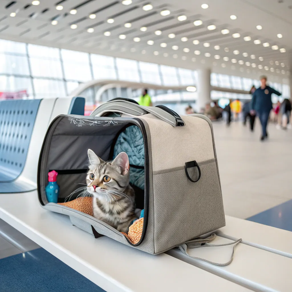 American Shorthair cat peeking from a cozy pet carrier with a blanket and toy at an airport.