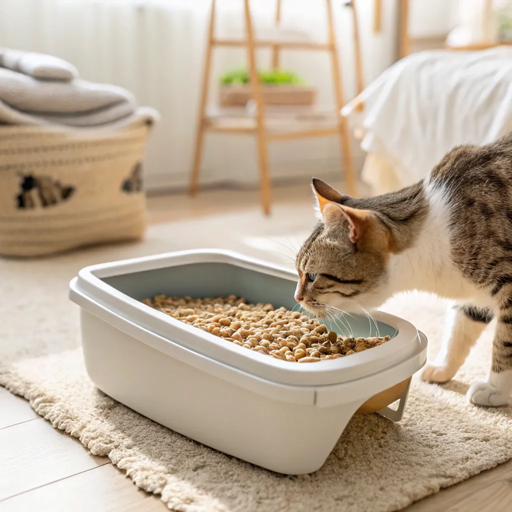 Curious cat near a litter box with pine pellets, exploring safely.