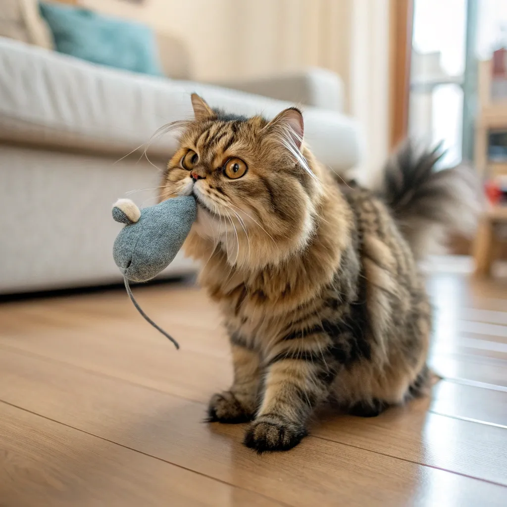 Cat Caught a Mouse 1 Tabby cat holding a toy mouse, illustrating a cat caught a mouse scenario in a home setting.