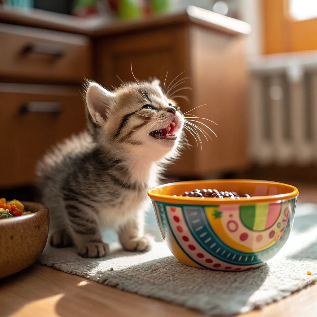 Munchkin kitten eating wet food from a bowl.