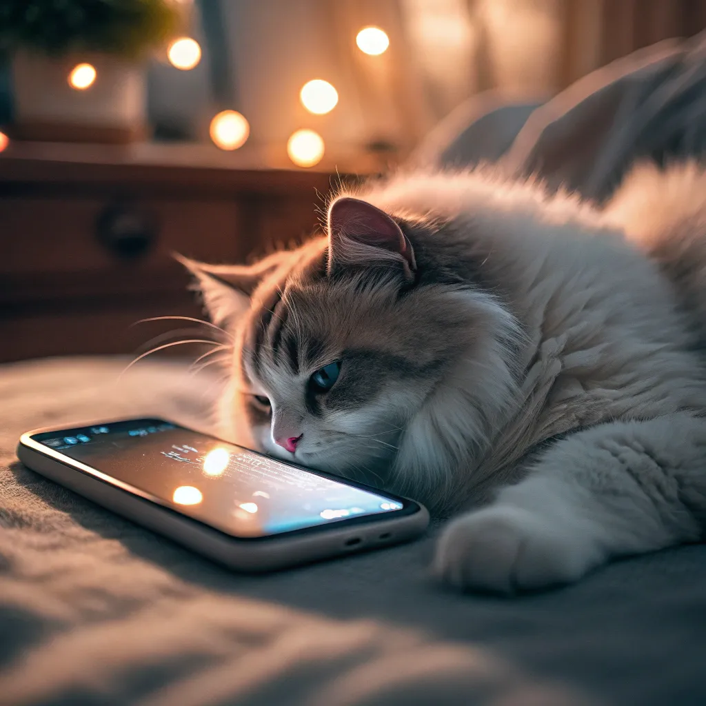 Fluffy cat lying on a glowing smartphone, showcasing curious cat behavior.*