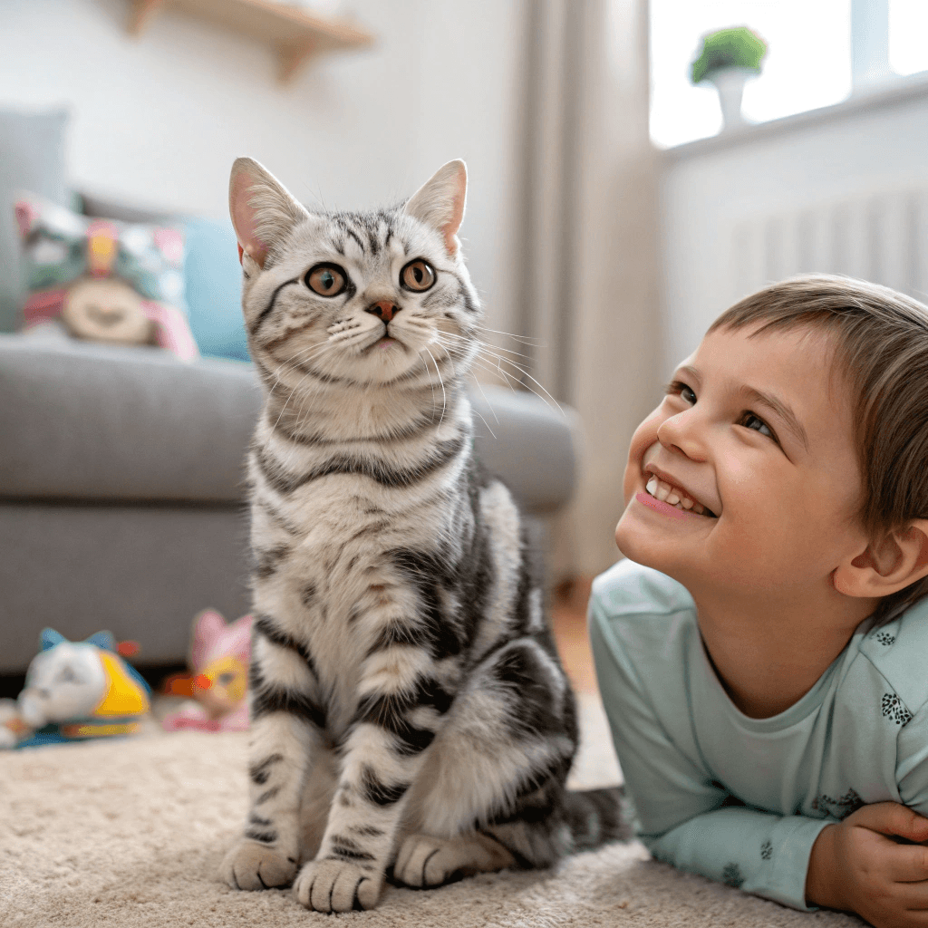 American Shorthair cat with tabby coat sitting beside a child in a cozy family setting.