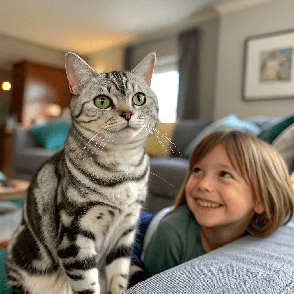 a close up of a happy american shorthair cat with 1