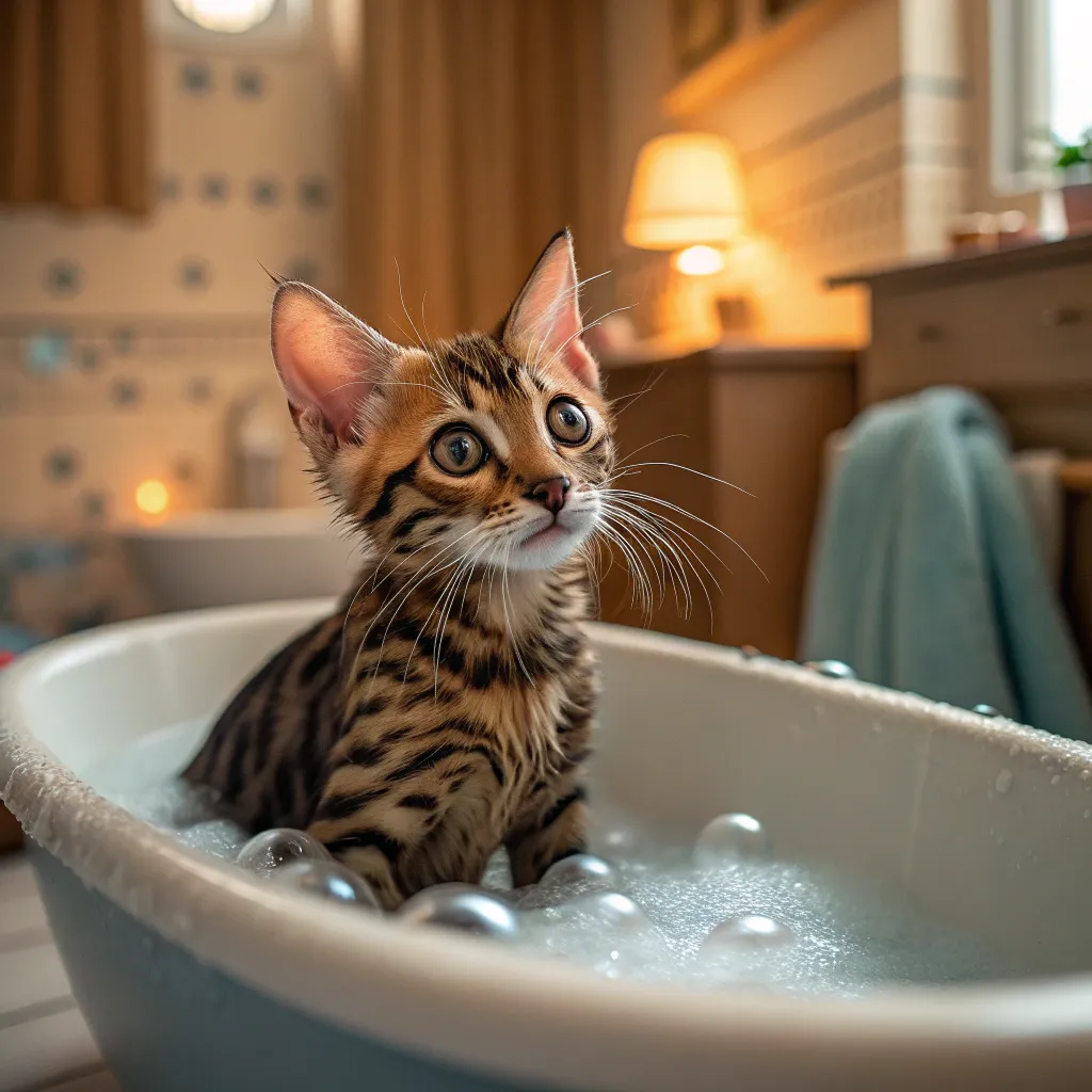 Happy Bengal kitten in a bubbly bath, showcasing safe bathing for kittens