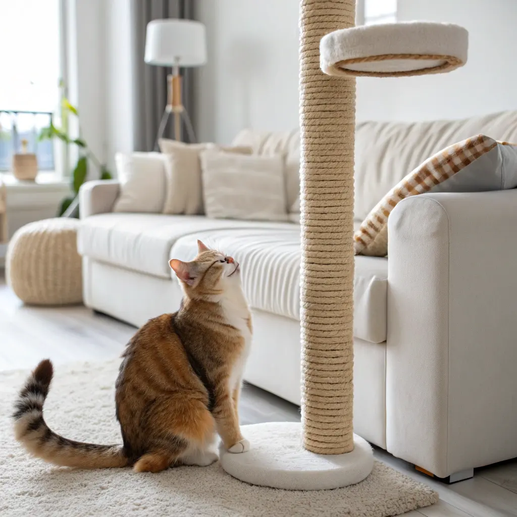 Happy cat resting on a scratching post beside an unscratched couch in a modern living room.