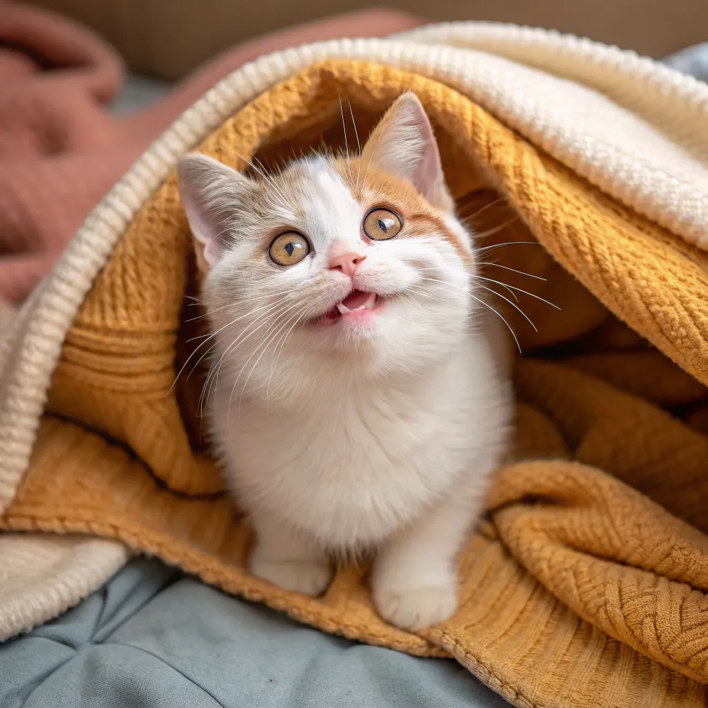 A Munchkin cat with short legs on a blanket, showcasing its unique appearance.